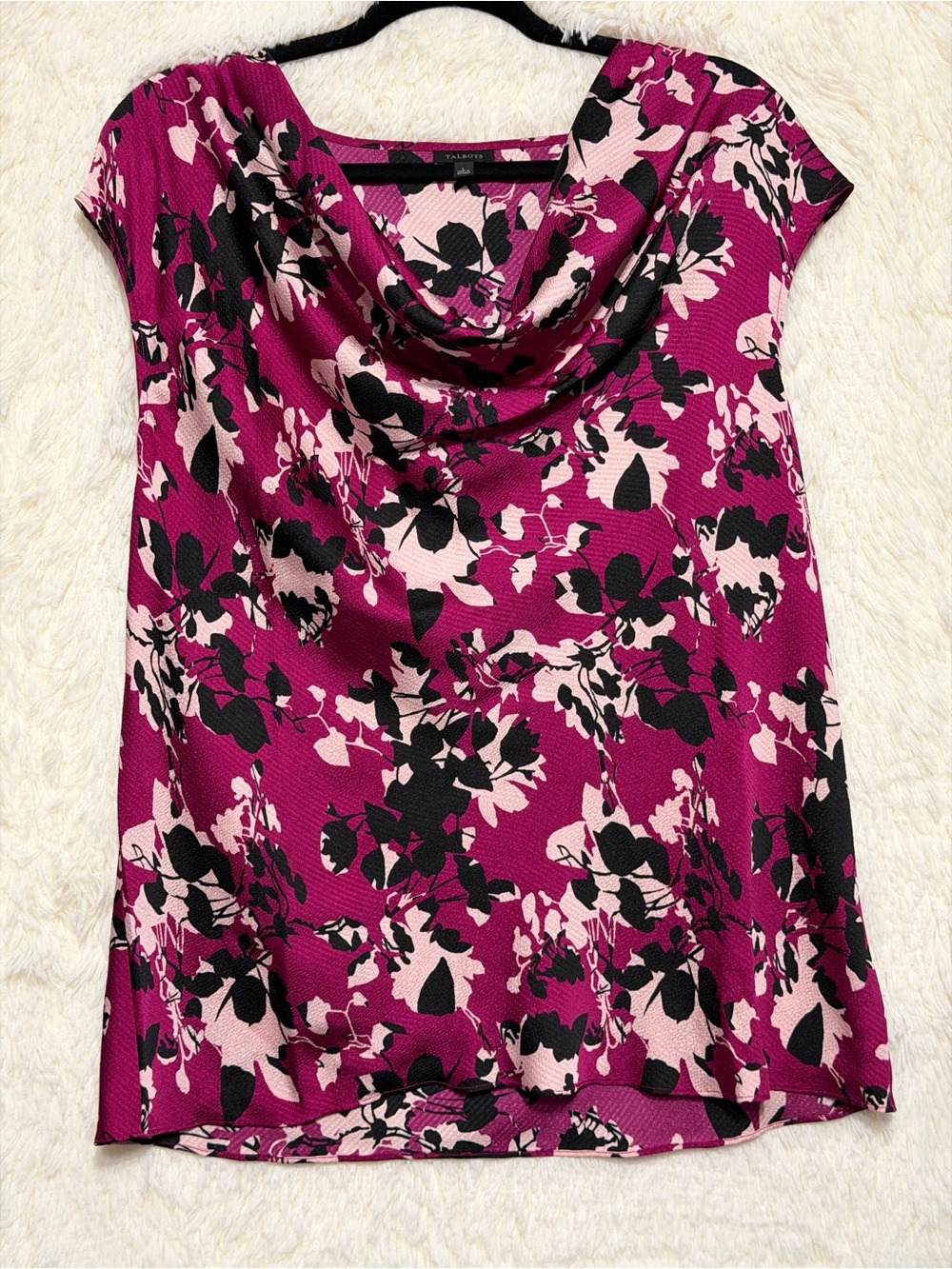Talbots Womens Satin Cowl Neck Floral Print Top Size L Pink Office Casual